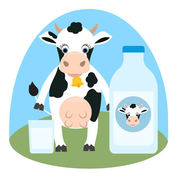 Cute cartoon cow with glass and milk bottle and label on it