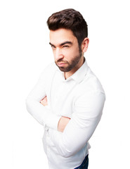 man doubting on white