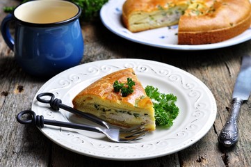 Snack cake with chicken, potatoes and green onions on a wooden background. selective focus.