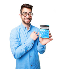 nerd man calculating on white