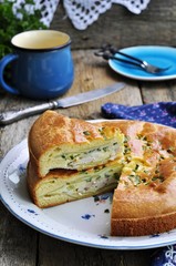 Snack cake with chicken, potatoes and green onions on a wooden background. selective focus.