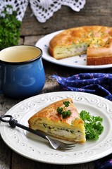 Snack cake with chicken, potatoes and green onions on a wooden background. selective focus.