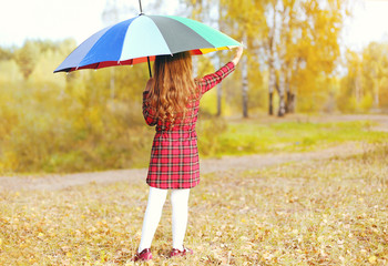 Little girl child with colorful umbrella in autumn day, back vie