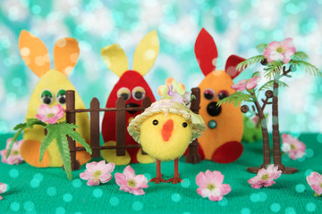 Three Easter bunny and chicken.