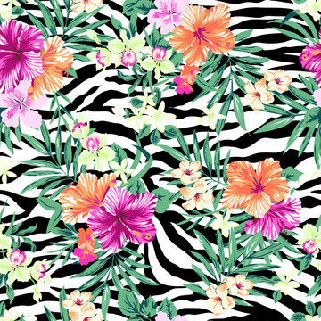 Tropical flowers over zebra print ~ seamless background