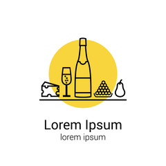 Party dinner: champagne bottle, glass, cheese, pear, grapes for your logo or tasting illustration and icons. Vector illustration.