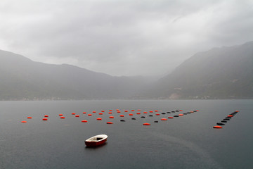 Boat and floats on a mussel farm in the rain.