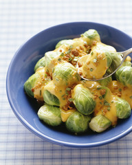 Brussel Sprouts with cheese sauce, close-up