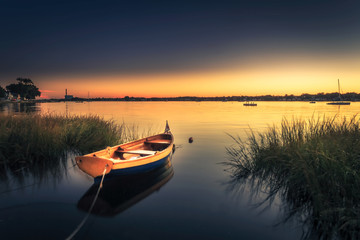 Fototapeta na wymiar Small Orange Boat in Tall Grass