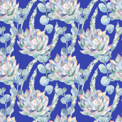 Watercolor eucalyptus leaves and succulent. 