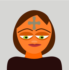 Stylized head of a person of indeterminate gender and age, with gray cross on his forehead. Character relating to the Christian Catholic Feast 