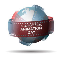 International animation day. Globe with filmstrip isolated on white background