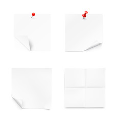 Set of paper notes with pins on white background. Vector illustration
