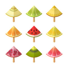 Fruit ice cream icon set. Slices of lemon, kiwi, orange, pomegranate, grapefruit, lime, watermelon, melon, pomegranate on sticks. Vector, EPS 10