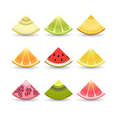 Fruit icon set. Slices of: lemon, kiwi, orange, pomegranate, pineapple, grapefruit, lime, watermelon, melon, pomegranate