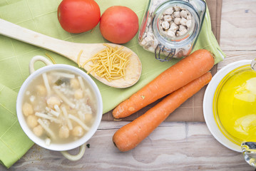 Spanish cuisine. Soup with meat of the pot. Escudella i carn d'o