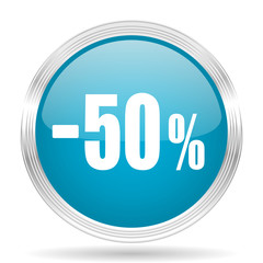 50 percent sale retail blue glossy metallic circle modern web icon on white background