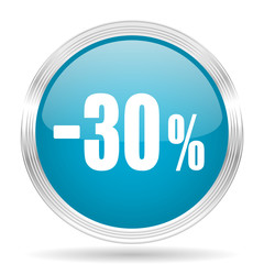 30 percent sale retail blue glossy metallic circle modern web icon on white background
