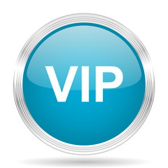 vip blue glossy metallic circle modern web icon on white background