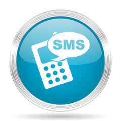 sms blue glossy metallic circle modern web icon on white background