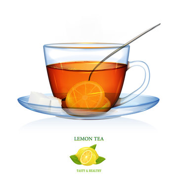 Lemon Tea illustration. Vector. Beautiful illustration of lemon tea with two peaces of sugar and spoon. Glass cup and saucer.