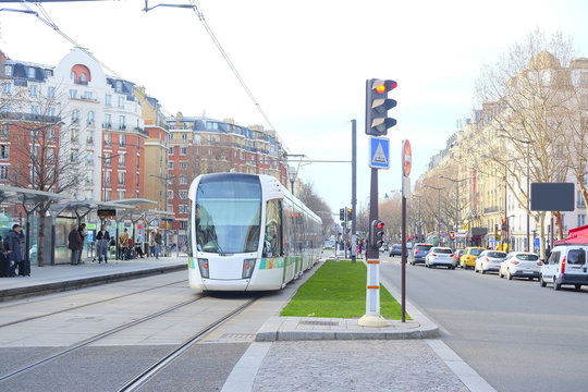 Paris, France, February 6, 2016: tram on the street of Paris, France