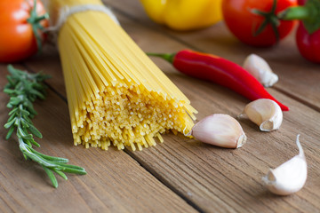 Italian spaghetti, tomatoes, sweet pepper, hot pepper, garlic an
