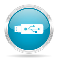 usb blue glossy metallic circle modern web icon on white background