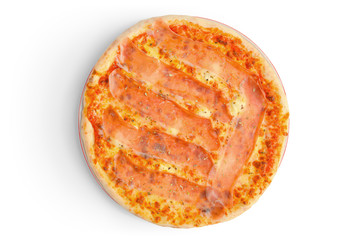 Pizza with ham and melted cheese isolated on white