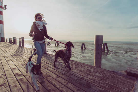 Close Up Image Of Woman Legs During Dog Walk. Young Female Followed By Two Dogs.