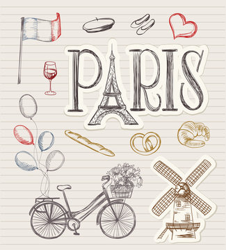 hand drawn paris symbols. tour eiffel, french bakery, mill, bicy