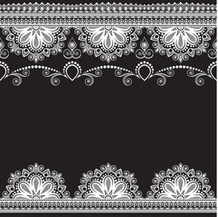Border pattern elements with flowers and lace lines in Indian mehndi style for card and tattoo isolated on black background.