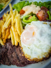 Beef steak with egg and chips