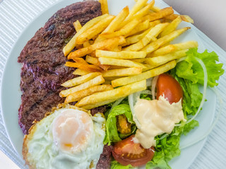 Beef steak with egg and chips