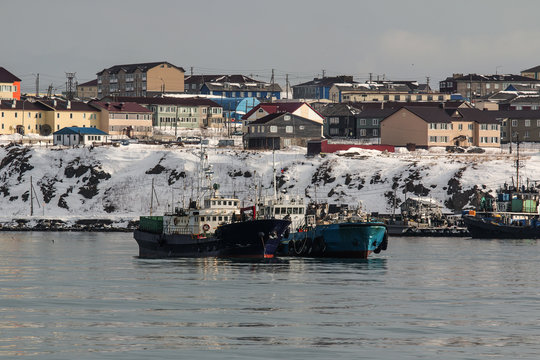 refueling fishing vessels at the roadstead of the city of Yuzhno-Sakhalinsk in Russia