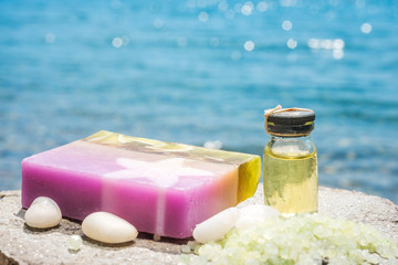 Obraz na płótnie Canvas Natural facial cream soap oil and sea 