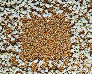 Popcorn background, with homemade popped and unpopped corn.