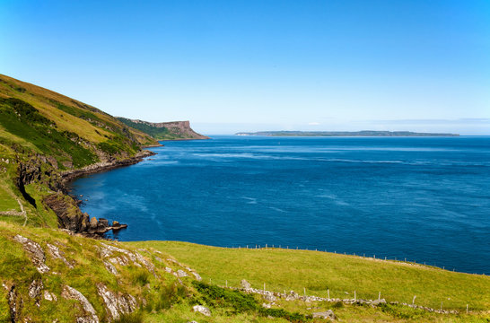 Cliffs on Northern Coast of Antrim County in Northern Ireland and Rathlin Island