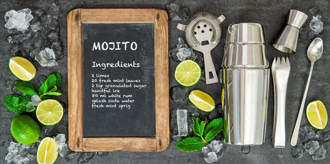 Drink making tools ingredients Chalkboard recipe mojito - obrazy, fototapety, plakaty