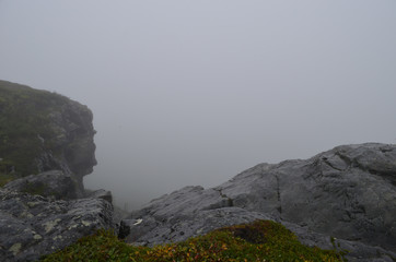 Rock, steep slope and cliff in the mist, subarctic mountains, Swedish Lapland