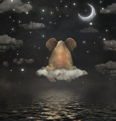 Sad elephant sitting on cloud in  night sky