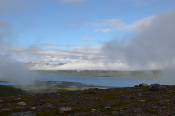 Mist in the mountains above lake Torneträsk, alpine tundra, Swedish Lapland