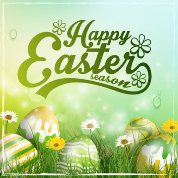 Beautiful Easter yellow green Background with flowers and colorful eggs in the grass