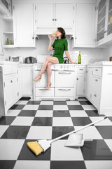 Housewife refuses housework quits and relaxes tired of the female stereotype wife role