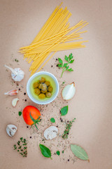 Fototapeta na wymiar Italian food concept pasta with vegetables olive oil flavored wi