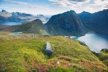 Keuken spatwand met foto Classic norwegian scandinavian summer mountain landscape view with mountains, fjord, lake with a blue sky, Norway, Lofoten Islands © tsuguliev