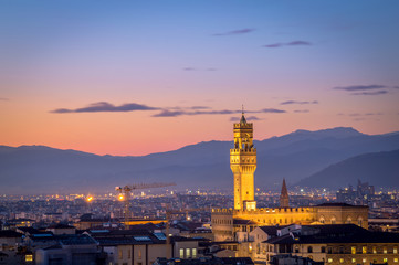 Beautiful evening view after sunset over the panorama of Florence, Tuscany (Italy), with  Palazzo...