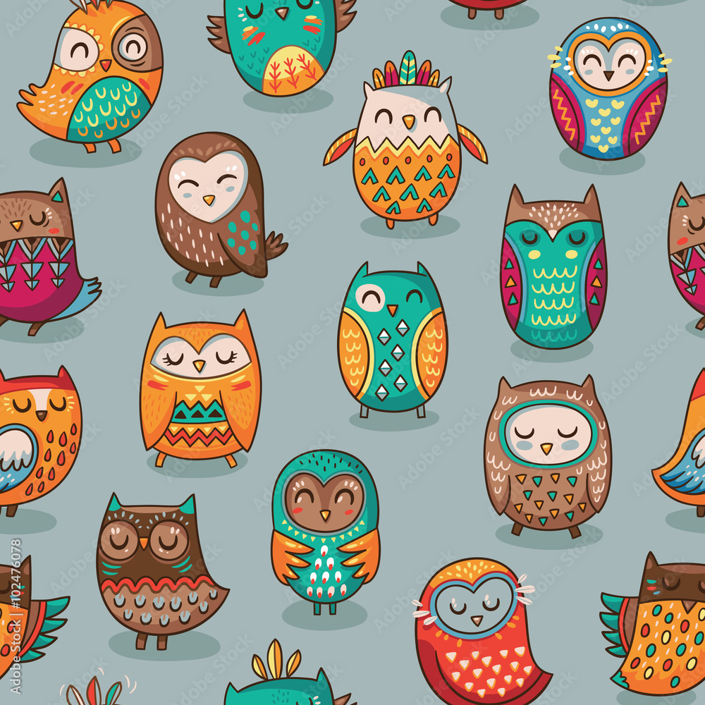 Wall mural Seamless pattern with tribal owls