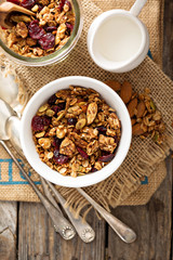 Homemade granola with milk for breakfast