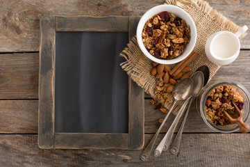Homemade granola with milk for breakfast